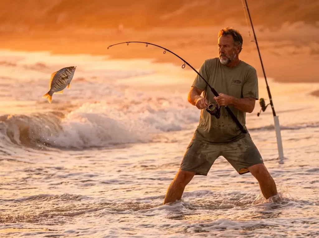 Shore angler fishing incoming tide at golden hour, rod bent with surfperch bite, Pacific coast beach