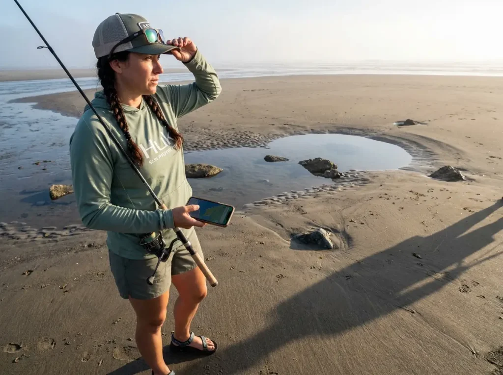 Angler in chest waders scanning surf beach at low tide for surfperch holding troughs and depressions