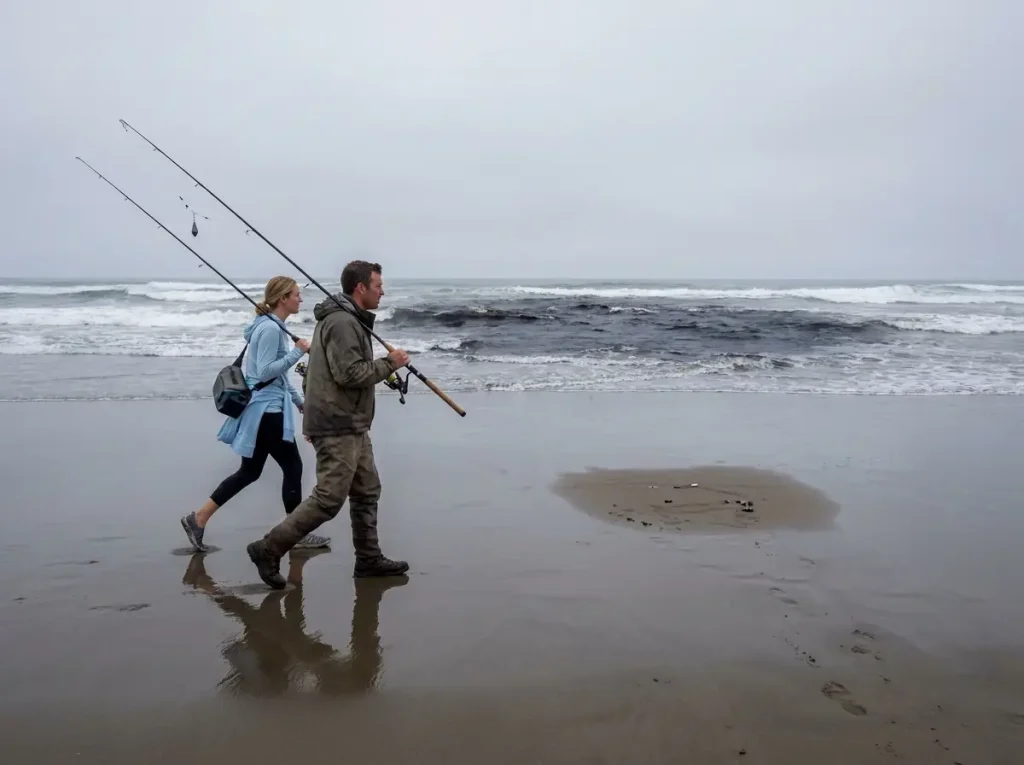 Two anglers walking along surf beach with rods, moving to find next surfperch trough