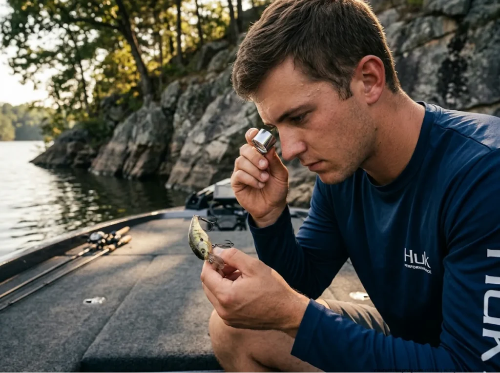 Tournament angler using a loupe to inspect a VMC Coastal Black treble hook for micro-pitting and surface finish damage. 