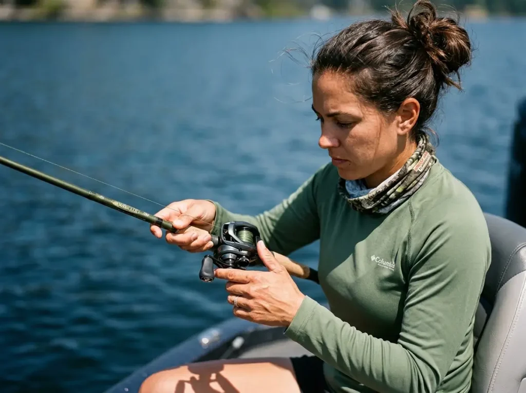 Female angler feeding braided line into deep water targeting fish during a barometric pressure change