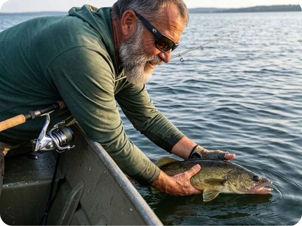 Fishing guide safely releasing walleye checking swim bladder physoclistous delay