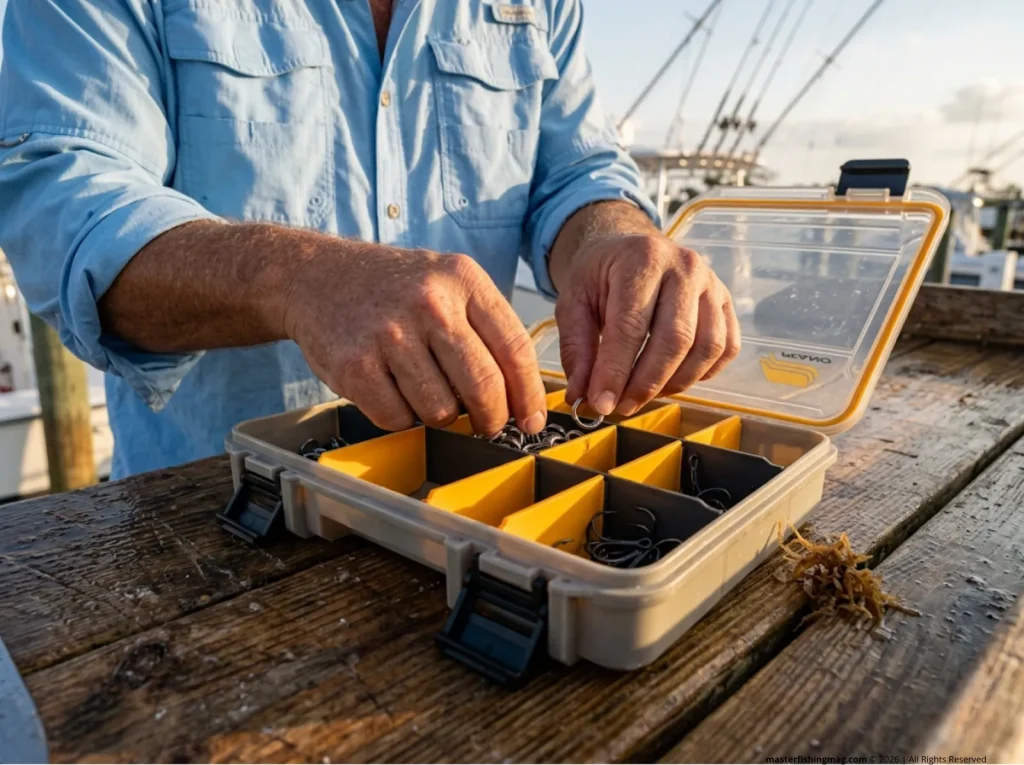 Charter captain organizing a Plano Edge tackle box to separate stainless split rings from dark treble hooks to stop rust.