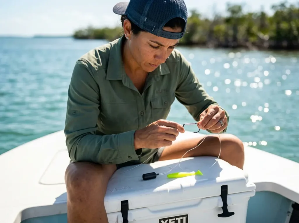 Guide tying Snell knot to create an inshore flounder rig.