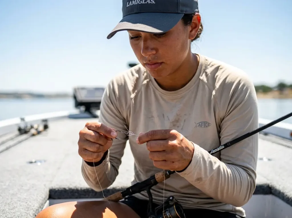 Angler tying a delicate drop-shot finesse rig to adapt to post-front high-pressure weather