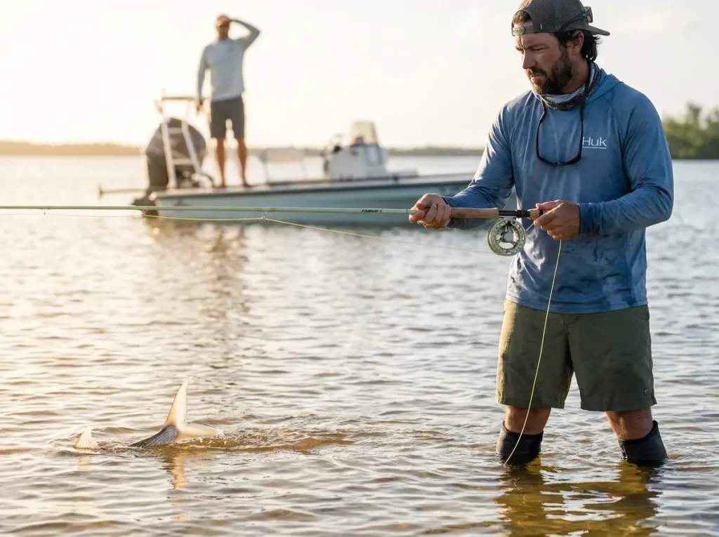 Angler spotting a tailing bonefish in Florida Keys shallow water with a guide watching from the skiff