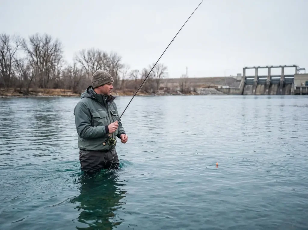 Fly angler nymphing for trout on productive cold-water tailwater fishery below dam