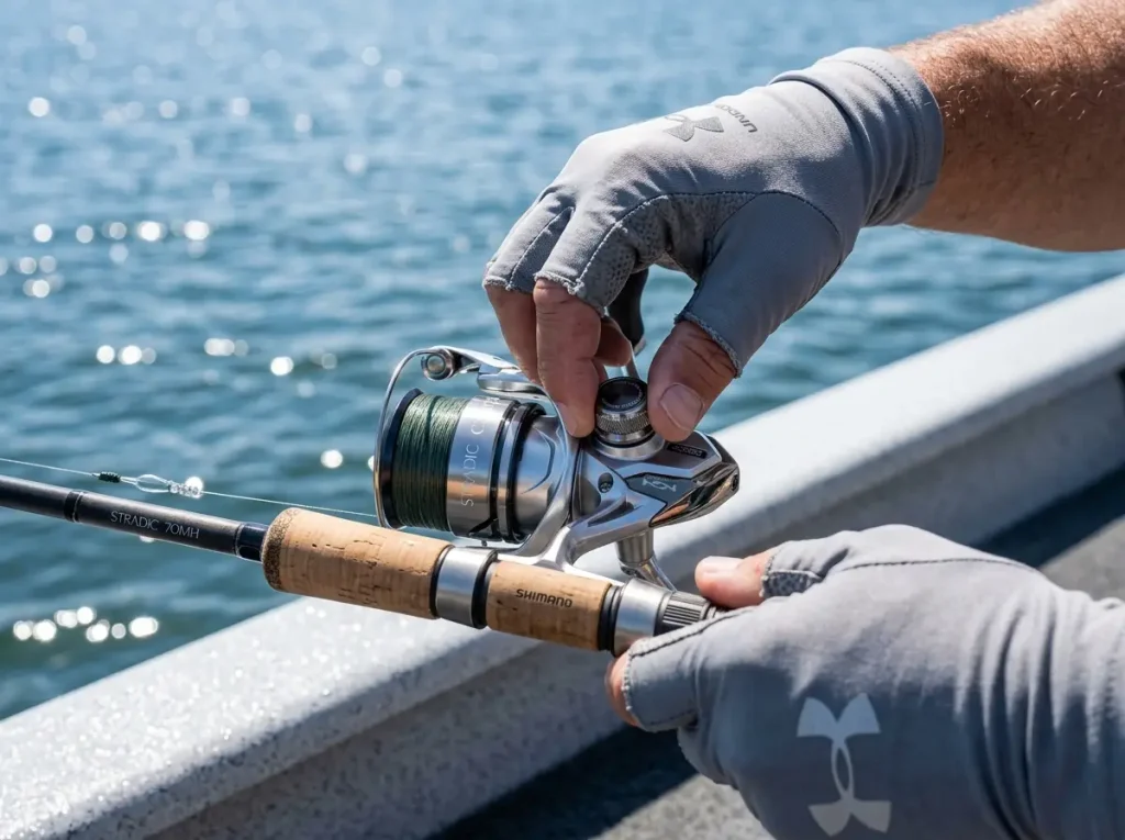 Close up of adjusting a spinning reel drag for deep water jigging