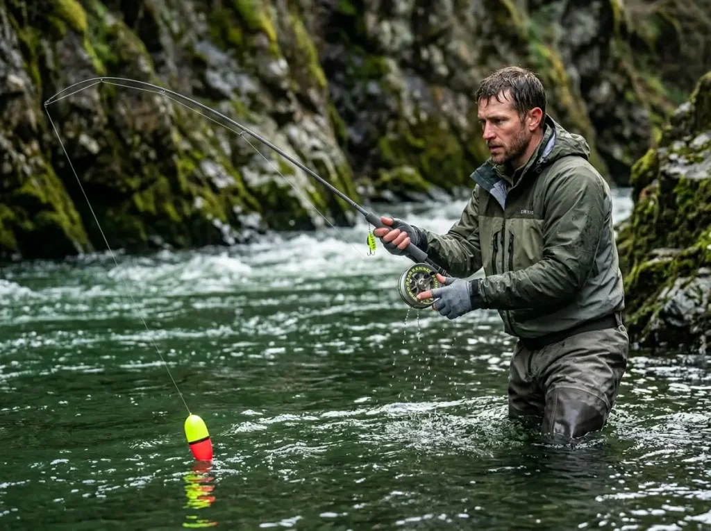 Angler applying back-pressure to centerpin float