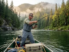 Telescoping Fishing Rods Tested on a 10-Day Float Trip Angler casting a telescoping fishing rod from an expedition canoe on a remote float trip