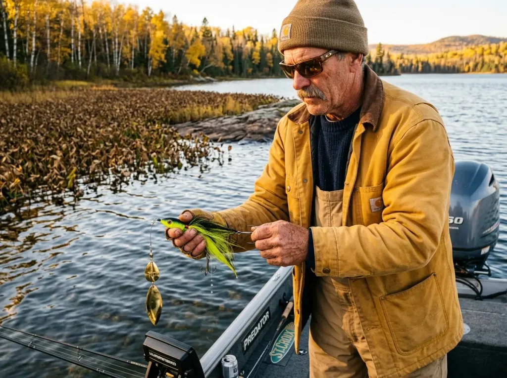 Guide reviewing bucktails to match fall musky fishing patterns