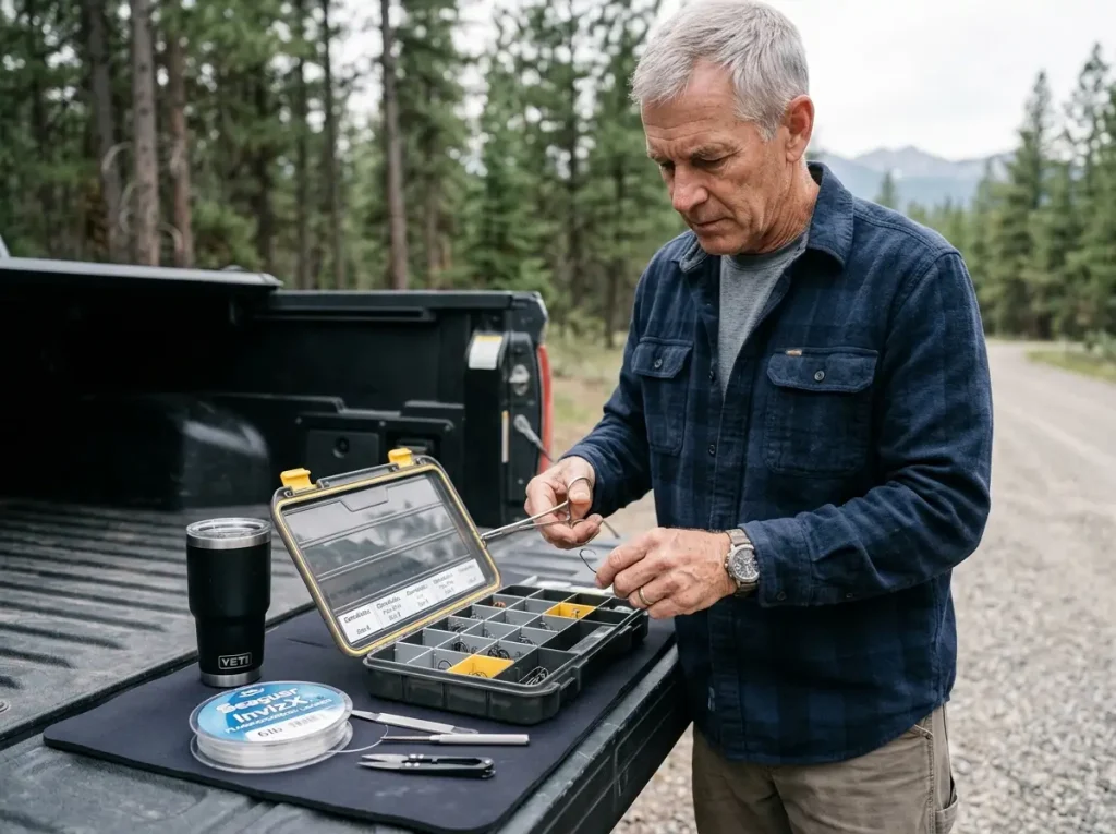 Angler carefully selecting a fine-wire Gamakatsu hook from an organized terminal tackle box.