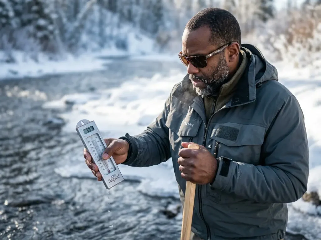 Angler checking river temperatures for steelhead fishing