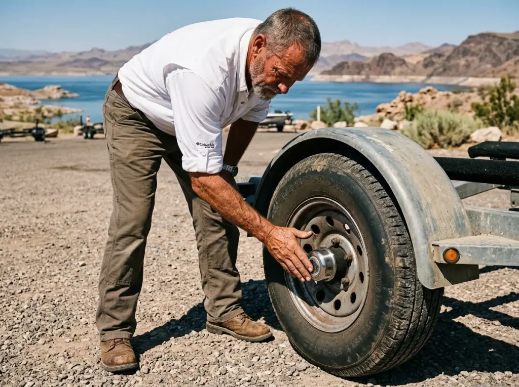 Boater performing a tactile heat check on a boat trailer wheel bearing hub