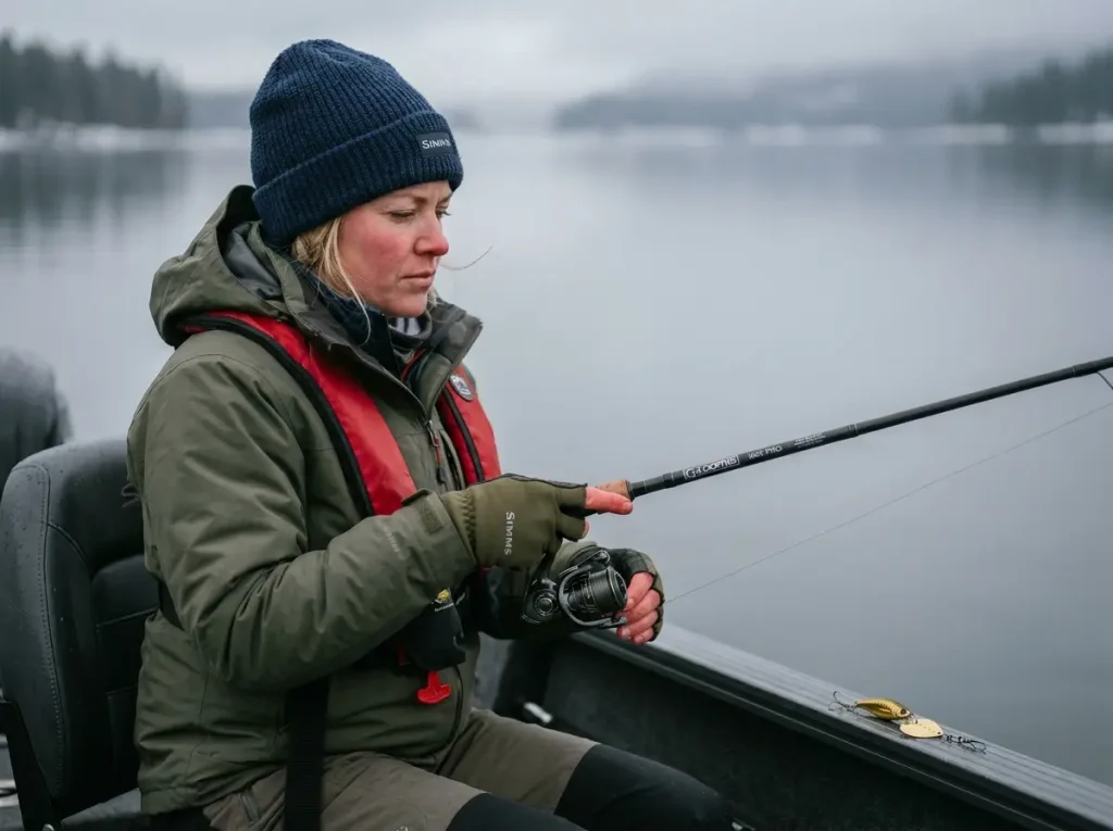 Female angler dead-sticking a blade bait focusing on metabolic strike windows