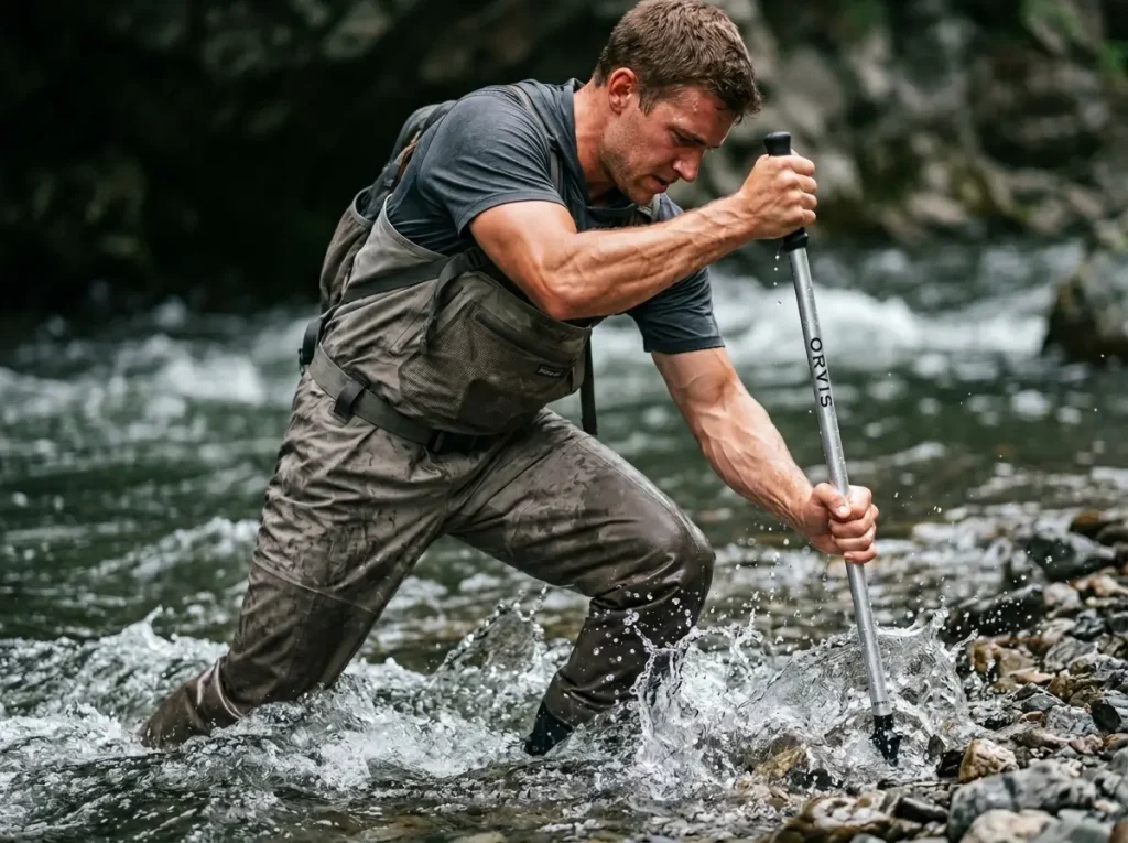 Angler using the three-point wading system with a staff