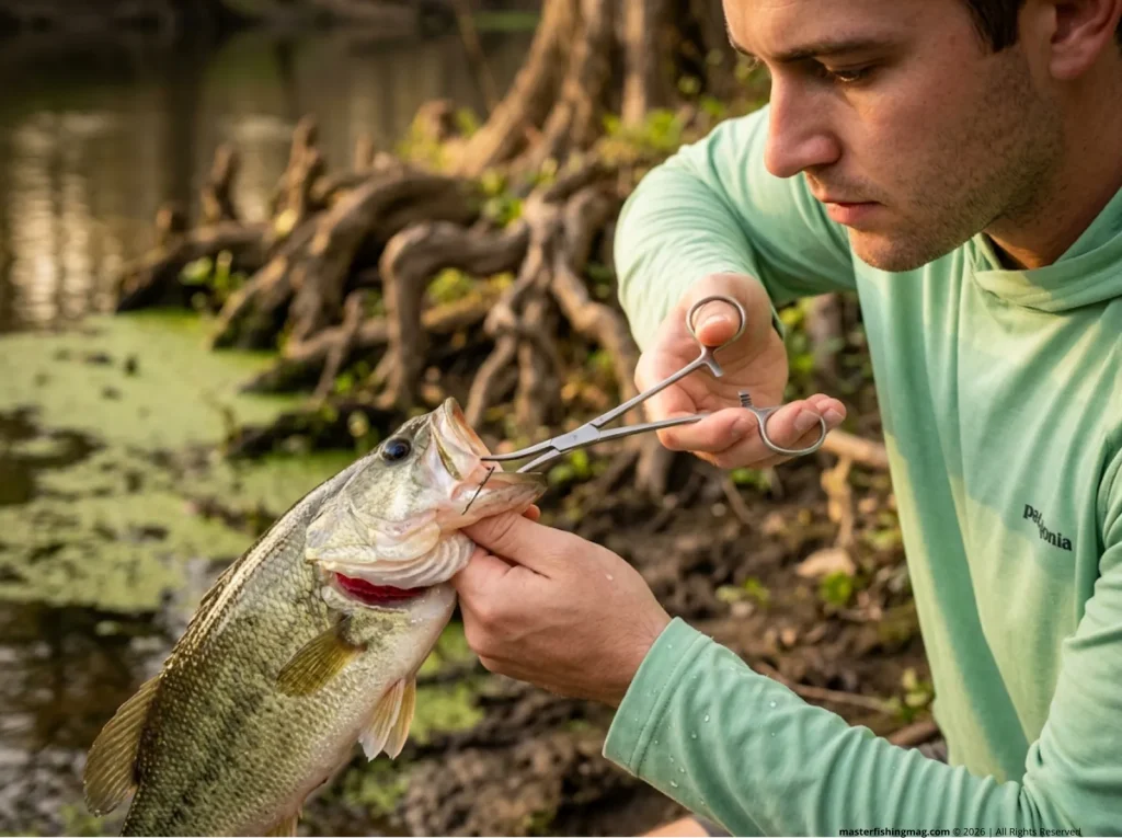 Close up of a skilled angler using curved stainless hemostats through fish gills to safely rotate and remove a deep hook.