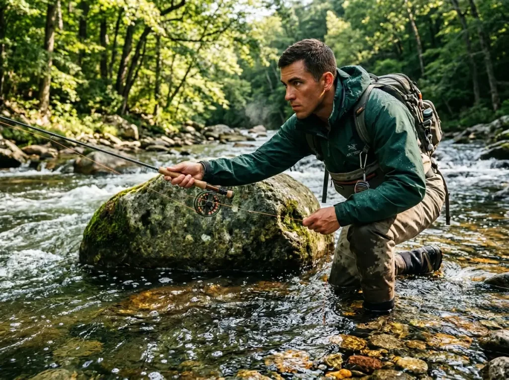 Tightline nymphing dead drift presentation behind a boulder