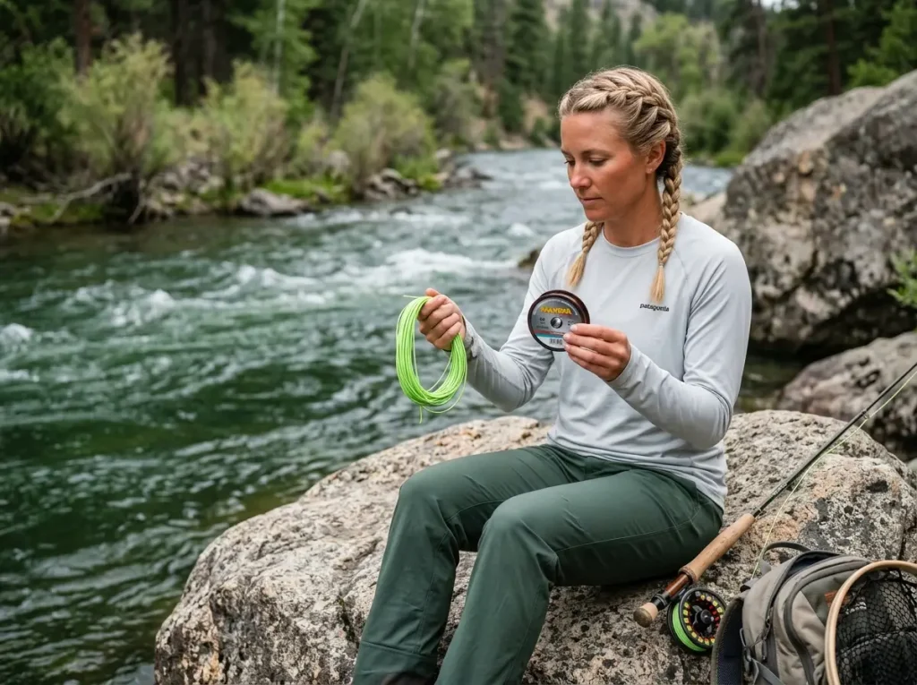 Angler comparing thin mono rig to thick standard fly line for drag reduction