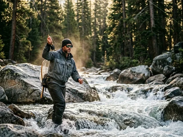 tightline-nymphing-euro-nymph-technique Pro angler utilizing the tightline nymphing euro nymph technique on a mountain stream