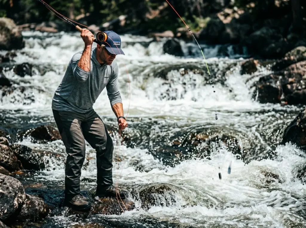 Angler executing a tuck cast for vertical entry in fast water