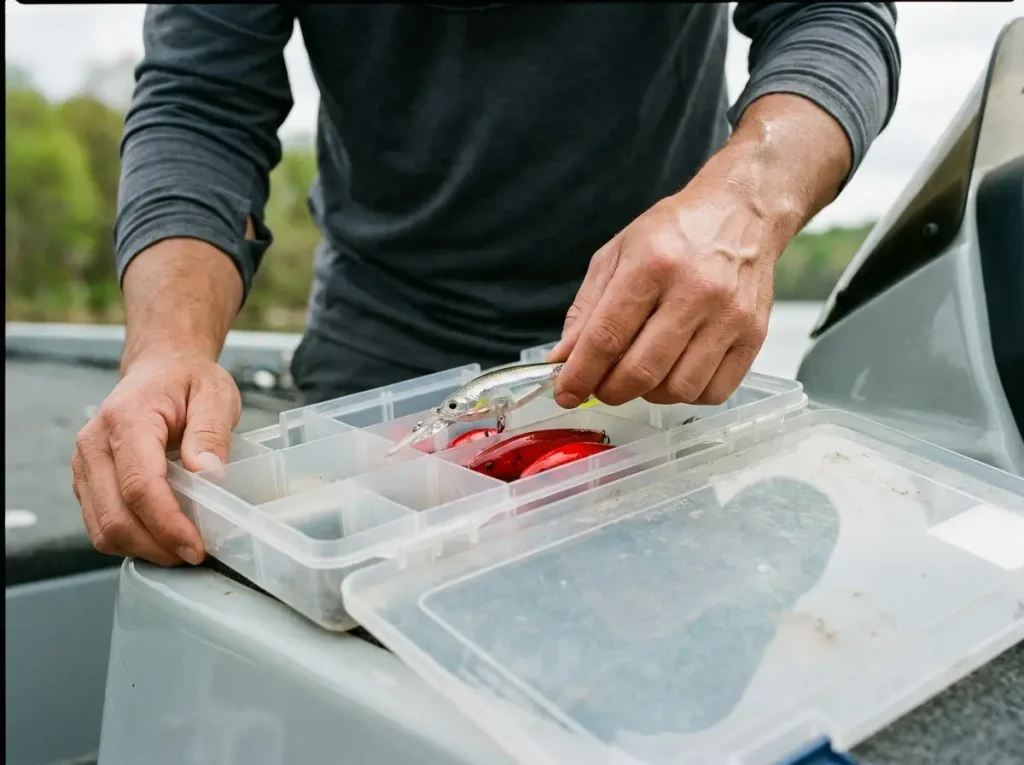 Angler selecting a translucent ghost minnow crankbait for the spring transition