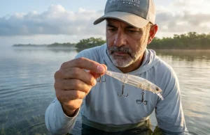 Why Treble Hooks Rust and the Chemistry Fix Angler standing in a saltwater flat inspecting Owner ST-36 treble hooks on a jerkbait for hook rust prevention.