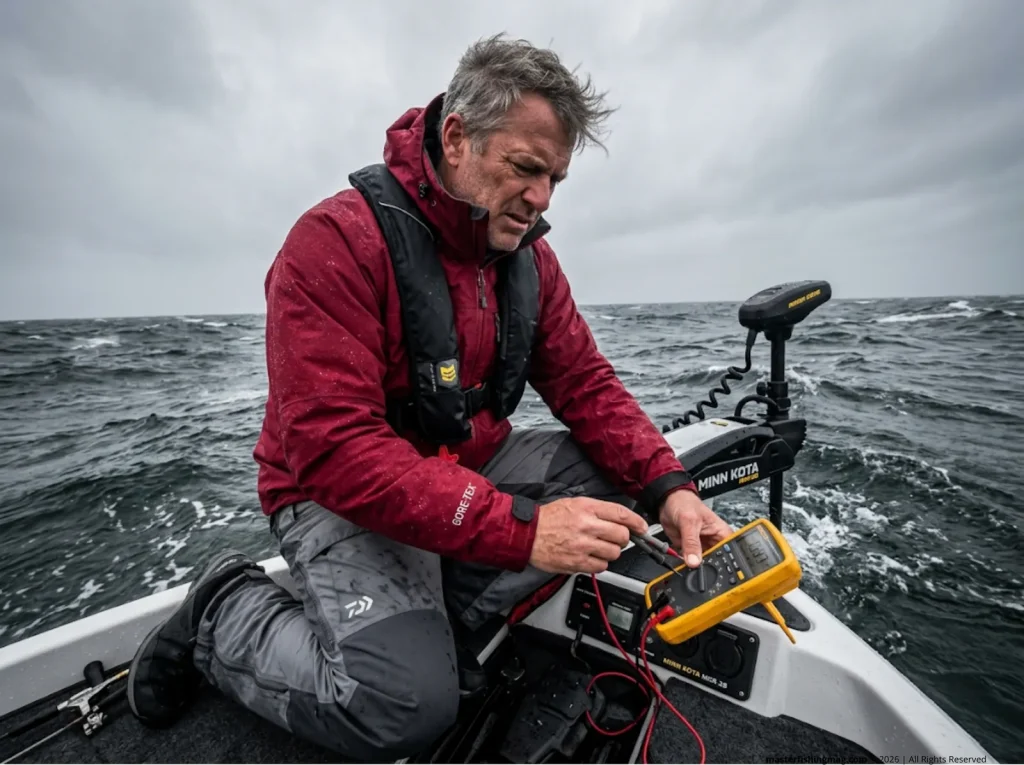 Angler running a loaded voltage test with a multimeter at the trolling motor plug on open water.