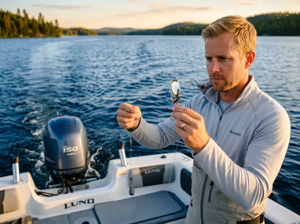Angler holding a three-way swivel rig and shiny trolling spoon