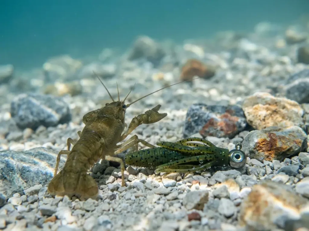 Close-up of green pumpkin tube jig on rocky lake bottom next to crayfish, natural light