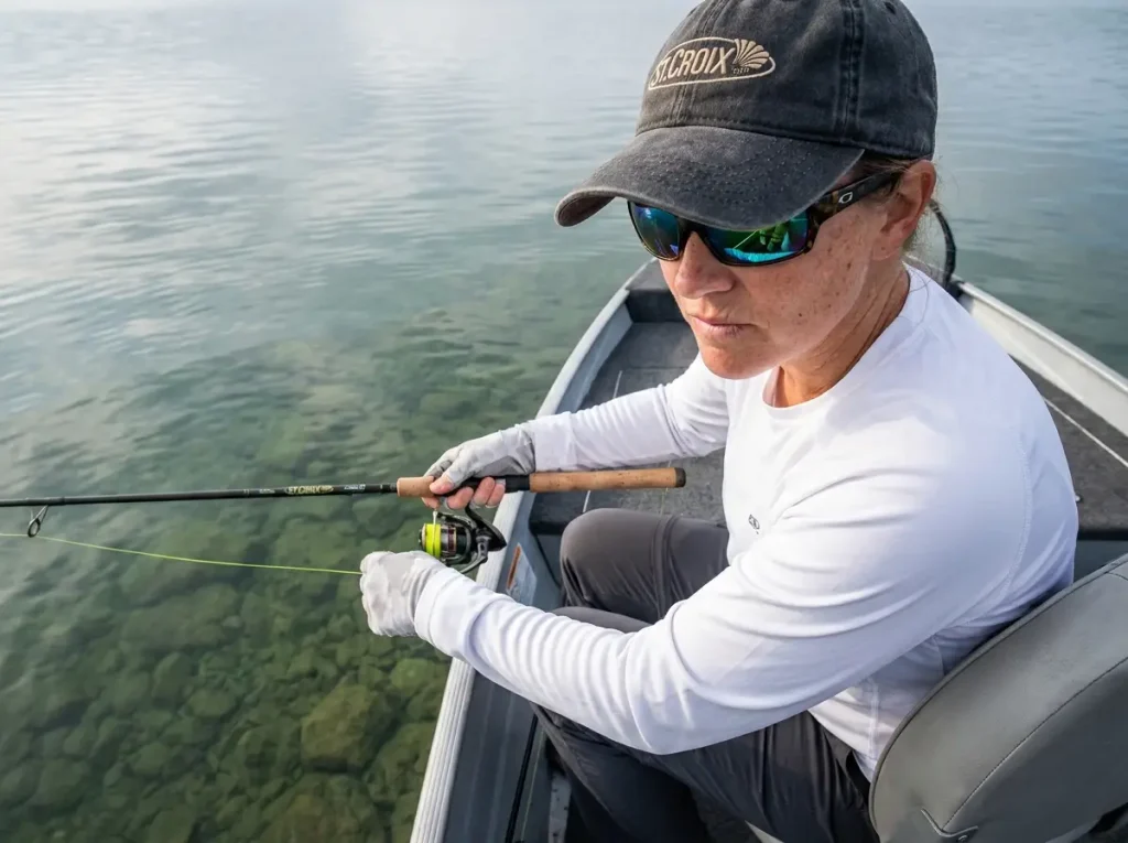 Angler dragging tube jig along rocky lake bottom with spinning rod, watching line closely