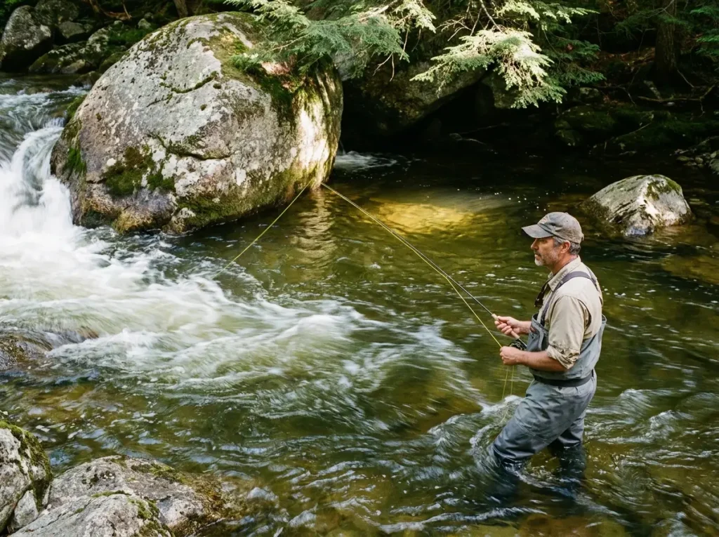 River angler positioning tube jig behind large boulder, downstream eddy presentation