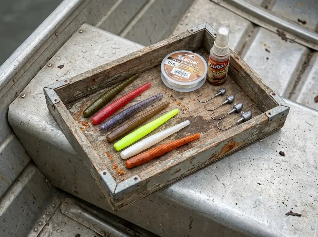 Selection of YUM tube baits in various colors alongside tube jig heads on tackle tray