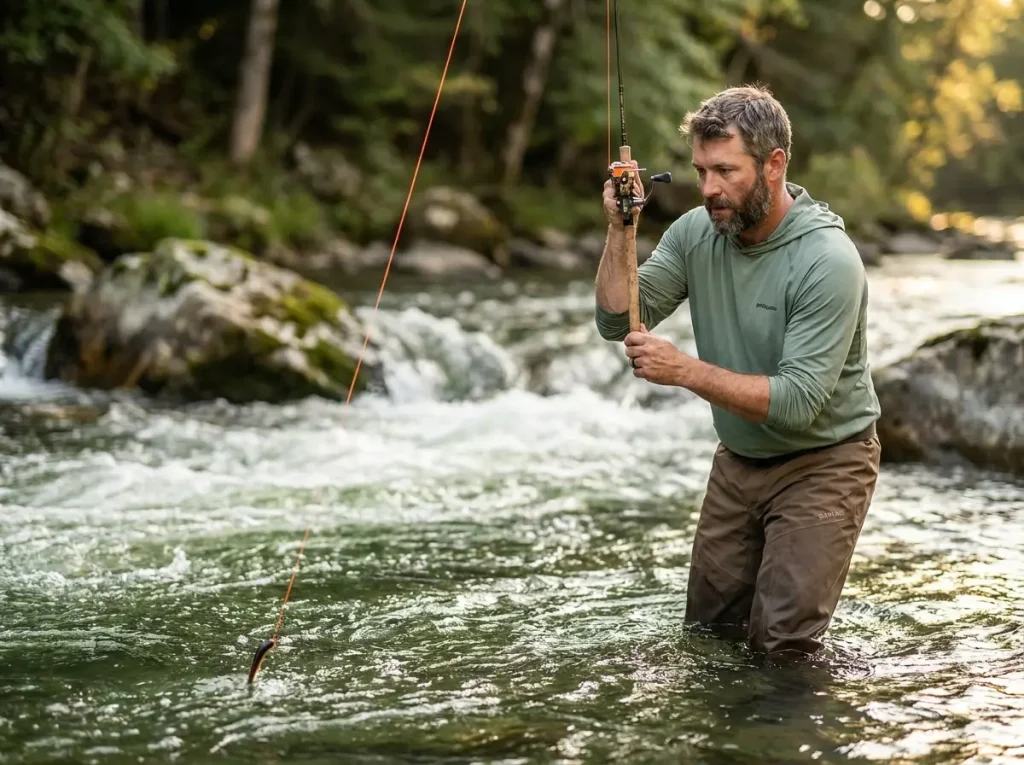 Angler snapping tube jig off river bottom with aggressive rod lift, watching slack line