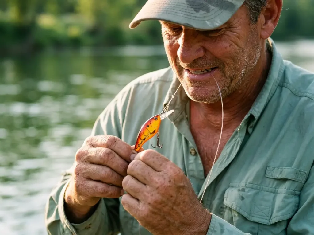 Experienced angler tying a Demon Craw crankbait to match molting crayfish