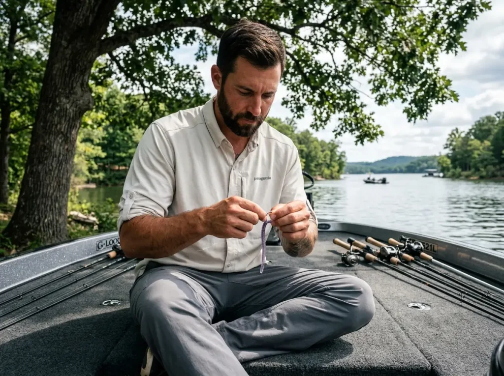 Angler tying a finesse drop shot rig with fluorocarbon and a soft plastic worm.