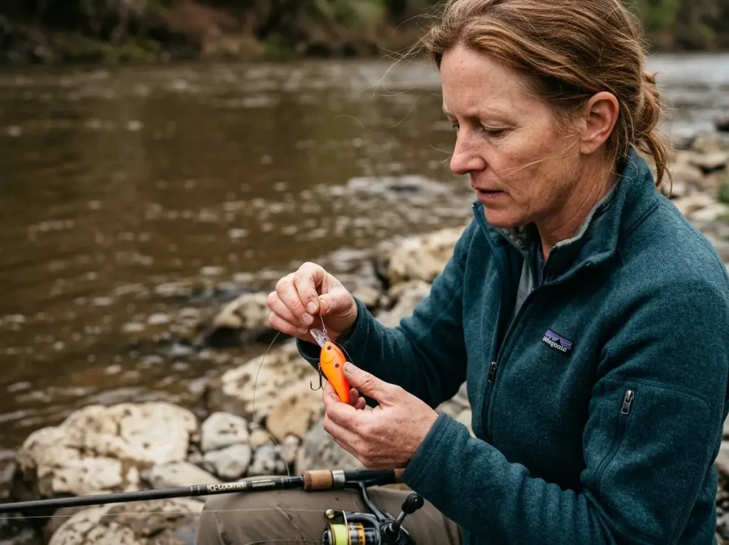 Angler tying a fluorescent neon crankbait for muddy water