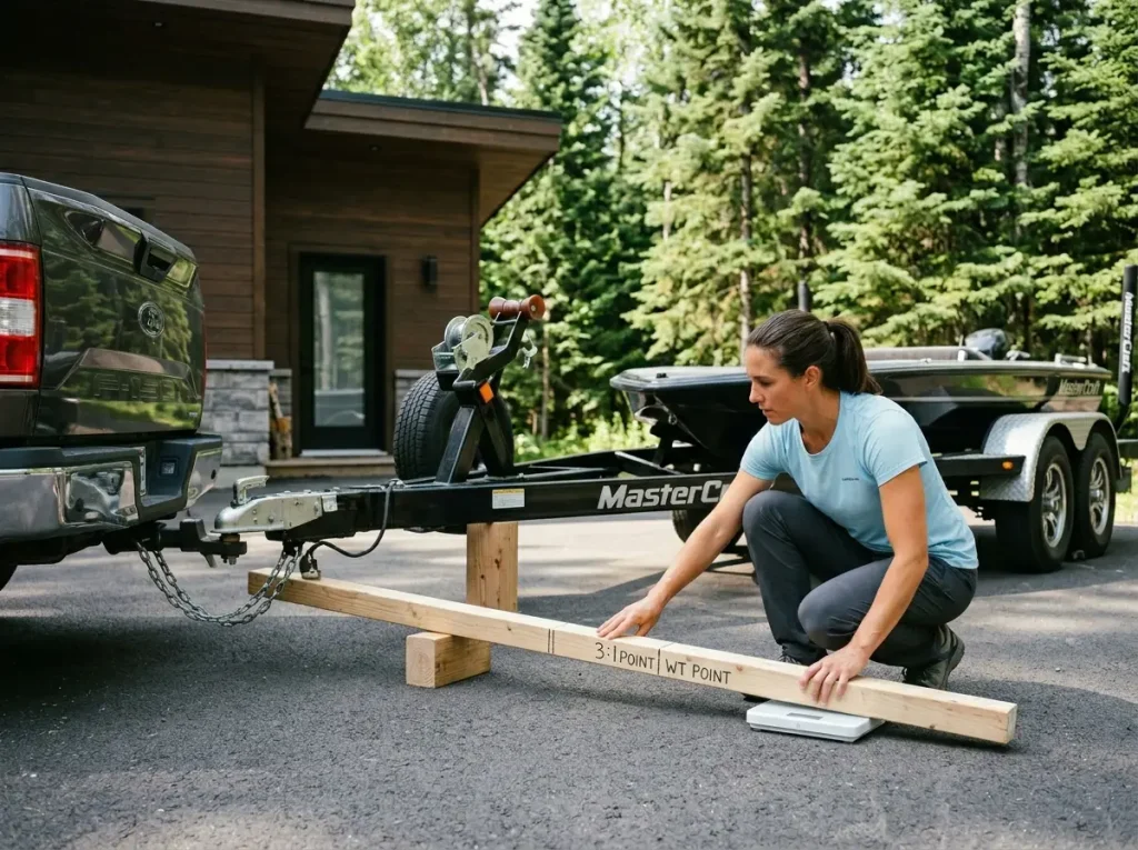 Female boater measuring boat trailer tongue weight with a scale in a driveway