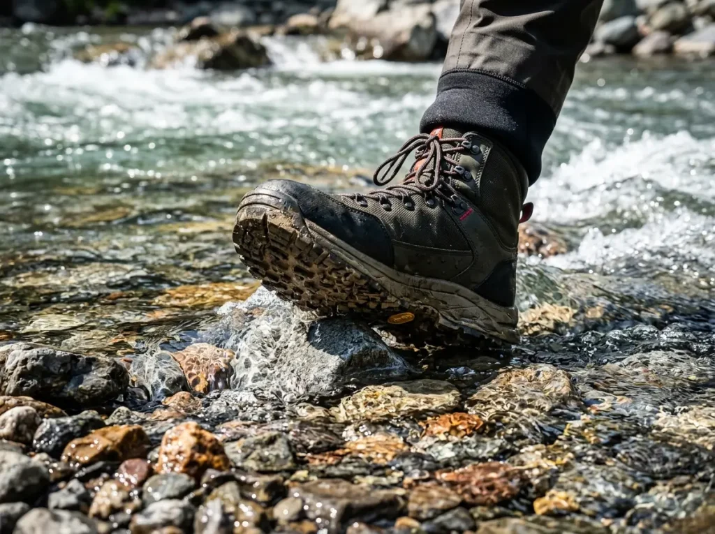 Rubber-soled wading boot stepping carefully on stable river cobble to avoid benthic compaction.