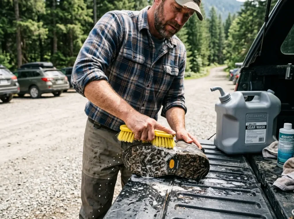 Angler thoroughly decontaminating a rubber wading boot to prevent pathogen transfer.
