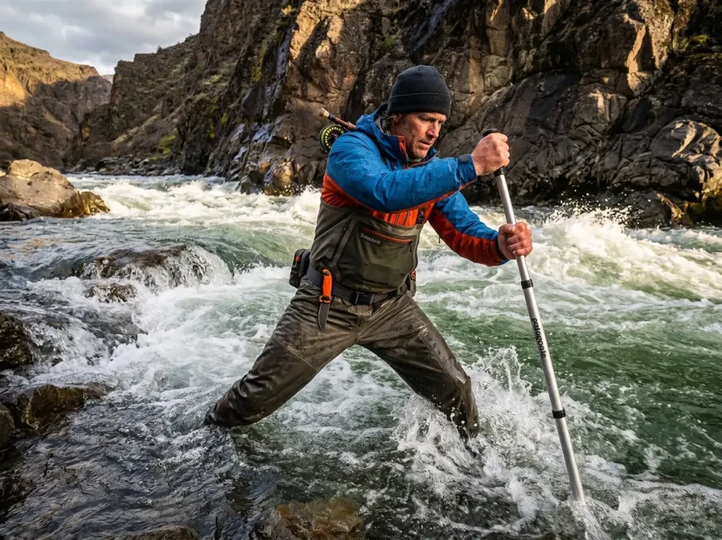 Angler maintaining a wide, stable stance against heavy river current.