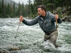 How to Wade Strong River Currents The Physics-Based Way Angler using proper wading technique in strong river current