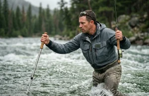 How to Wade Strong River Currents The Physics-Based Way Angler using proper wading technique in strong river current