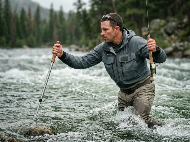 wading-technique-in-strong-river-current-safety Angler using proper wading technique in strong river current