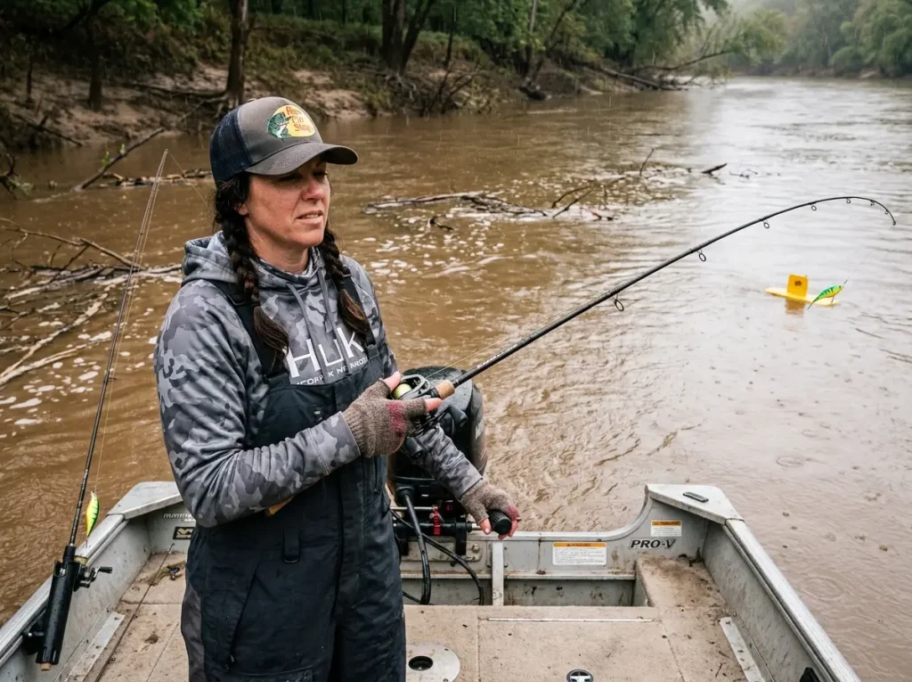 Angler slow-trolling crankbait for spring walleye from boat in muddy river conditions