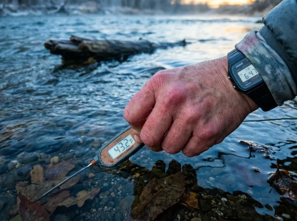 Angler checking water temperature with digital thermometer in spring river shallows