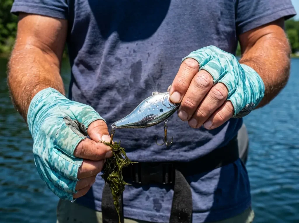 Removing weeds from a high-flash chrome crankbait during warm weather fishing