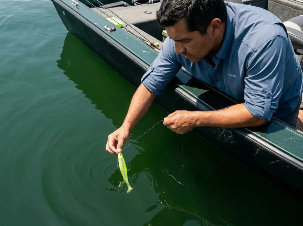 Angler testing spectral filter effect on chartreuse lure in stained water.