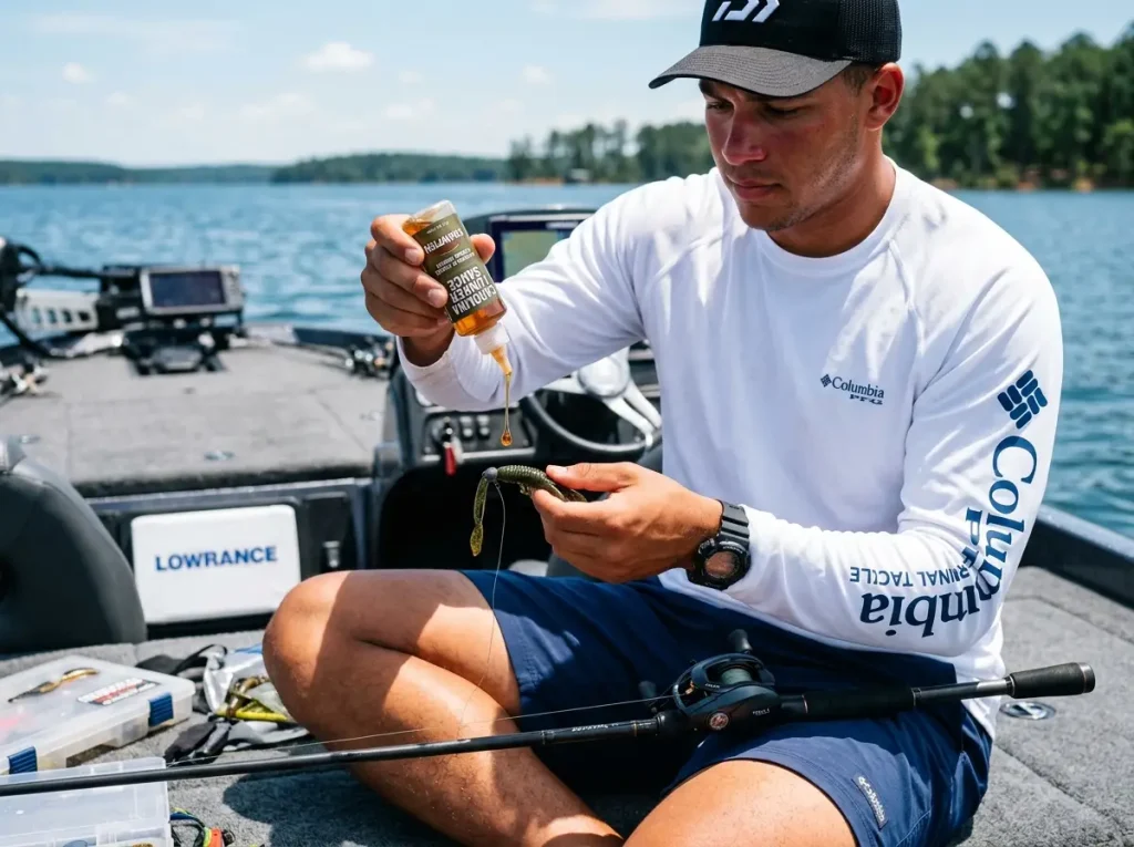 Angler applying water-soluble chemical attractants to soft plastic bait on a boat.