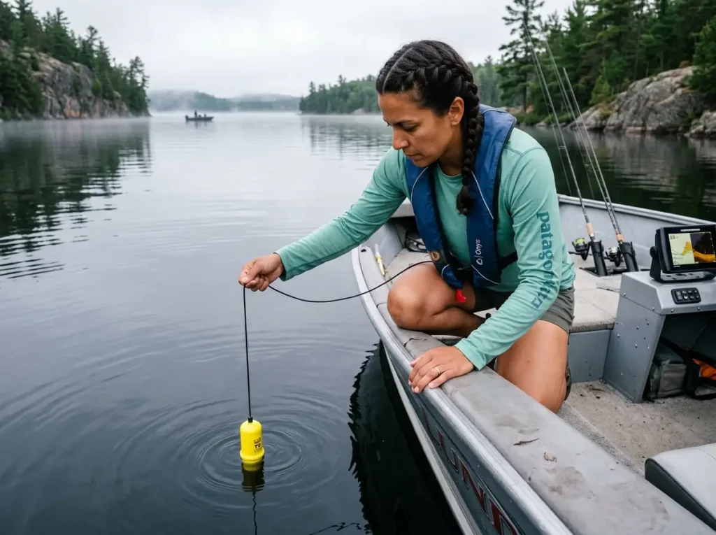 Female angler lowering a Fish Hawk probe to measure water temperature and oxygen.